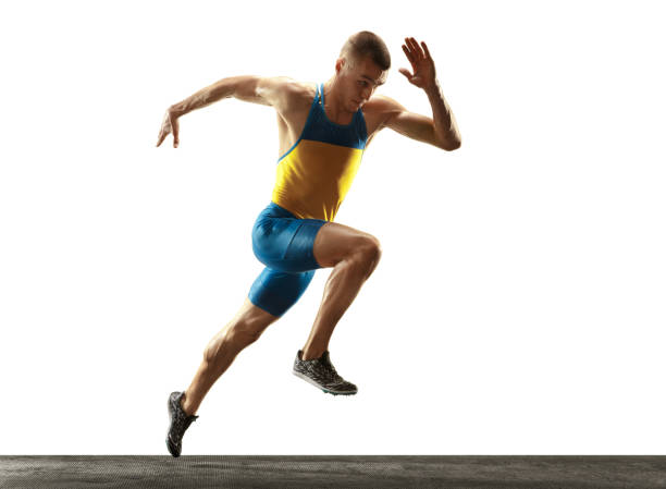 istock Young caucasian man running or jogging isolated on white studio background. 1135080175