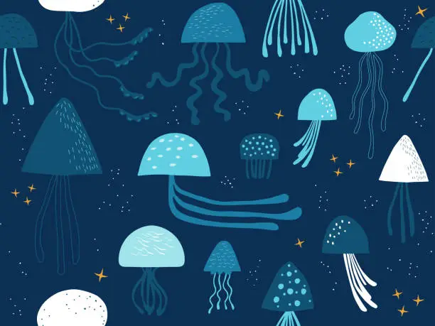 Vector illustration of Seamless jellyfish pattern with drak blue background