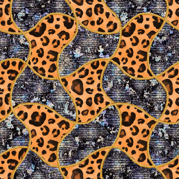 istock Golden chain glamour snakeskin and leopard fur seamless pattern illustration. Watercolor texture with golden chains. 1135080361