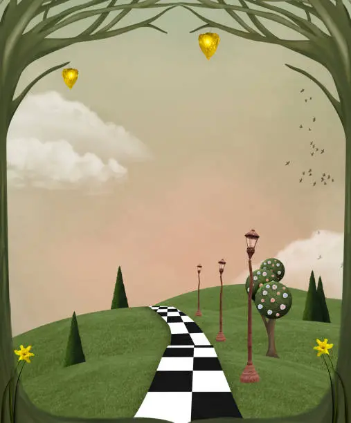 Surreal country landscape with chessboard pathway across a grassy hill – 3D illustration