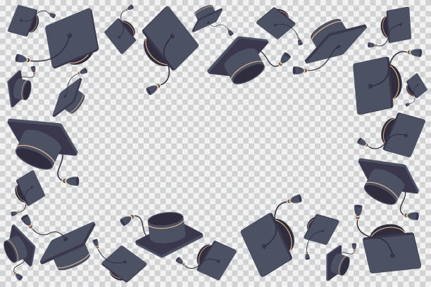 Border or frame with flying graduate cap vector cartoon illustration isolated on a transparent background. Graduate cap border vector. graduation designs stock illustrations