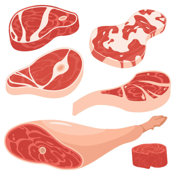 illustrations, cliparts, dessins animés et icônes de ensemble de dessin animé de vecteur de viande fraîche. portion de bifteck de porc et de bœuf isolé sur fond blanc. - steak meat raw beef