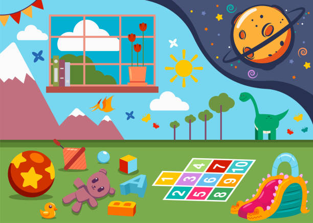 Kindergarten Room With Kids Toys Window And Painted Walls Child Playroom  Vector Cartoon Illustration Stock Illustration - Download Image Now - iStock