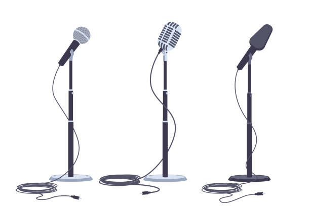 illustrazioni stock, clip art, cartoni animati e icone di tendenza di microfoni su supporto vettoriale set piatto di apparecchiature audio musicali moderne e retrò isolate su sfondo bianco. - white background audio