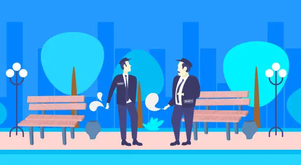 Vector illustration of two security guards smoking cigarette unhealthy lifestyle concept men colleagues in uniform standing together night urban park cityscape background full length horizontal