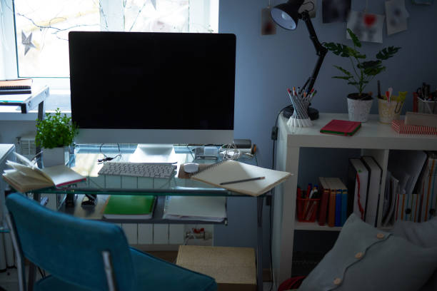 istock Design of comfortable workplace with modern PC and stationery 1135082622