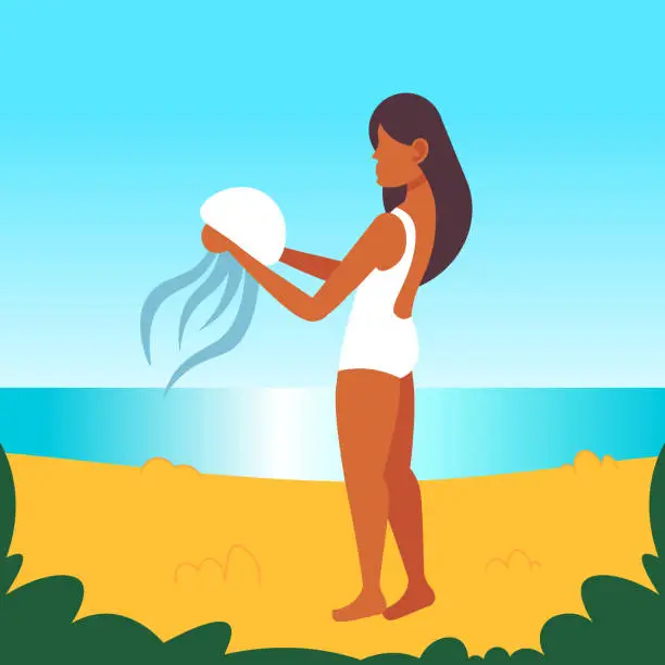 Vector illustration of african american girl holding jellyfish danger poisonous sea animal woman having fun on beach summer vacation concept female cartoon character full length flat seaside
