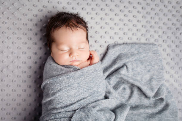 Sweet newborn baby.  Newborn boy 2 weeks old  in the cocon lying on grey blanket. stock photo