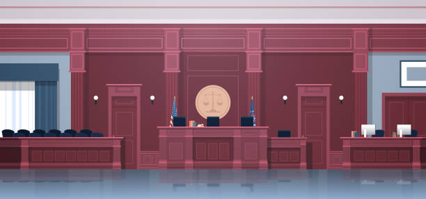 empty courtroom with judge and secretary workplace jury box seats modern courthouse interior justice and jurisprudence concept horizontal vector art illustration