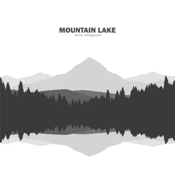 Vector illustration of Mountain Lake landscape silhouette with pine forest and reflection.