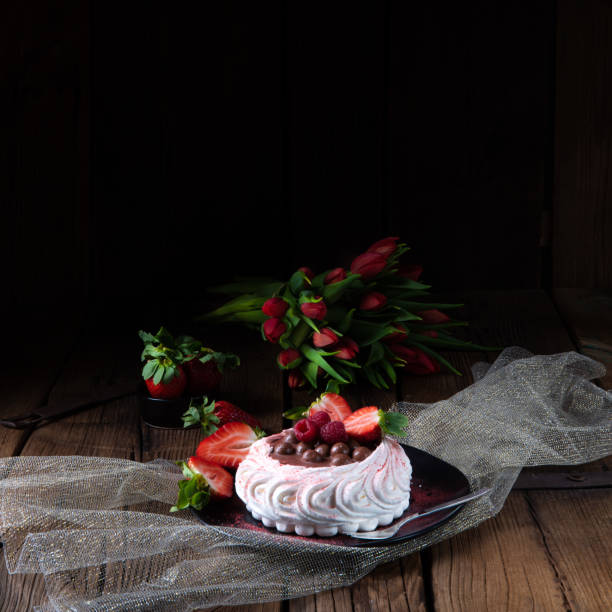 light pavlova with fresh fruits and chocolate