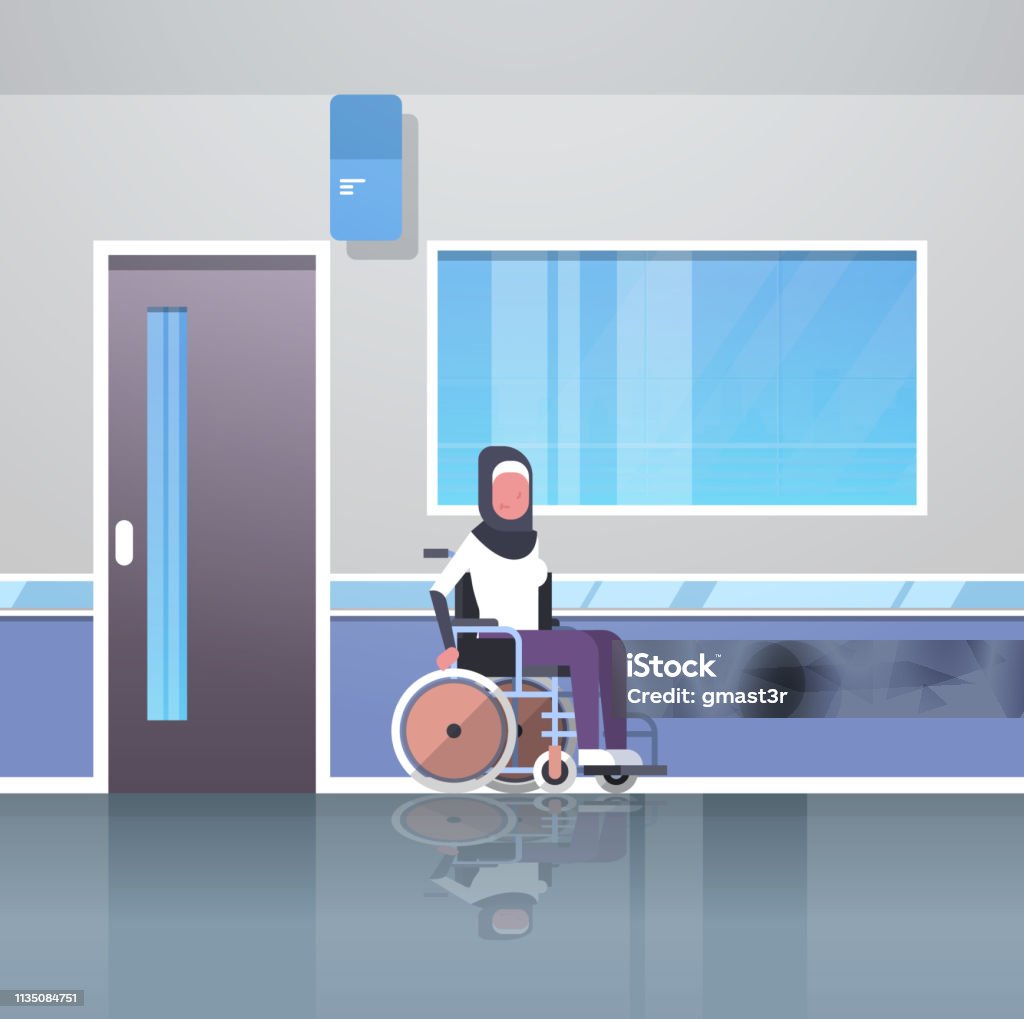 disabled arab woman patient sitting in wheelchair accident disability concept hospital corridor hall modern clinic interior muslim female cartoon character full length flat disabled arab woman patient sitting in wheelchair accident disability concept hospital corridor hall modern clinic interior muslim female cartoon character full length flat vector illustration Accessibility stock vector