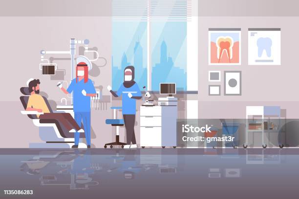 Arab Dentist With Assistant In Hijab Drilling Teeth Of Man Patient Lying In Dentistry Chair Professional Dental Office Modern Clinic Interior Arabic Characters Full Length Flat Horizontal Stock Illustration - Download Image Now