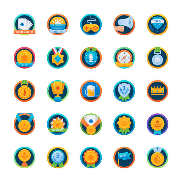 ilustrações de stock, clip art, desenhos animados e ícones de badges and reward flat rounded icons set - gold medal audio