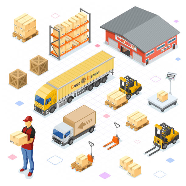 Warehouse Storage and Delivery Isometric Icons Set Warehouse, storage, logistics and delivery isometric icons set with storehouse, scales, truck, forklift, courier. Isolated vector illustration truck weigh station stock illustrations