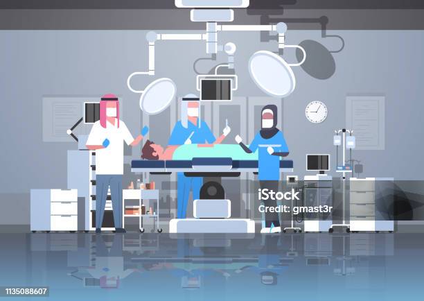 Arabic Surgeons Team Surrounding Arab Patient Lying On Operation Table During Surgery Medical Workers In Hijab Operation Room Hospital Clinic Interior Horizontal Full Length Stock Illustration - Download Image Now