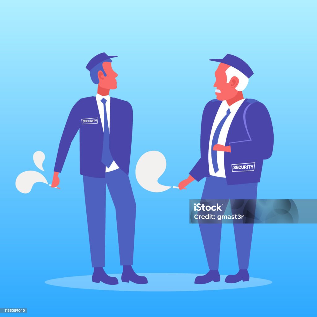 Ilustración de Pareja Guardias De Seguridad Fumando Cigarrillo Estilo De Vida Insalubre Concepto Dos Hombres En Uniforme Tener Ruptura De Pie Juntos Personajes De Dibujos Animados Masculinos Longitud Completa Plana y más Ilustración de Pareja Guardias De Seguridad Fumando Cigarrillo Estilo De Vida Insalubre Concepto Dos Hombres En Uniforme Tener Ruptura De Pie Juntos Personajes De Dibujos Animados Masculinos Longitud Completa Plana y más