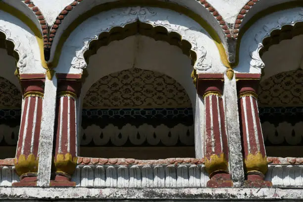Photo of Decorated stone masonry Balcony over main Gateway at Vitthal Temple. Palashi, Parner, Ahmednagar