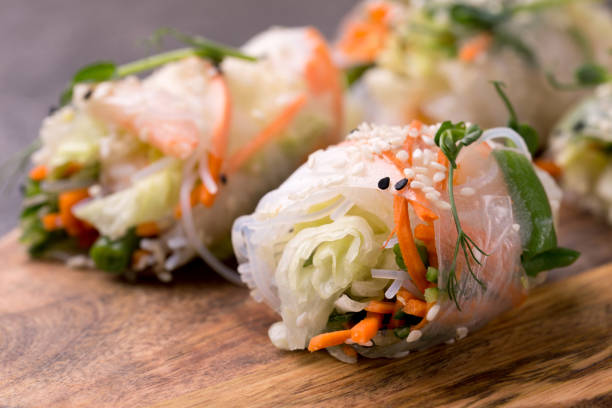 istock Vietnamese spring rolls with shrimps and vegetables. Copyspace 1135089767