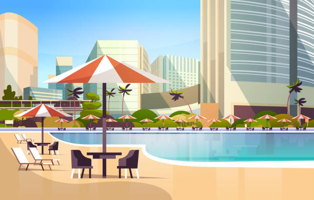 ilustraciones, imágenes clip art, dibujos animados e iconos de stock de resort de lujo en la piscina de hotel de la ciudad con sombrillas escritorios y sillas muebles de restaurante alrededor de vacaciones de verano concepto paisaje urbano fondo horizontal ilustración vectorial - lugar turístico