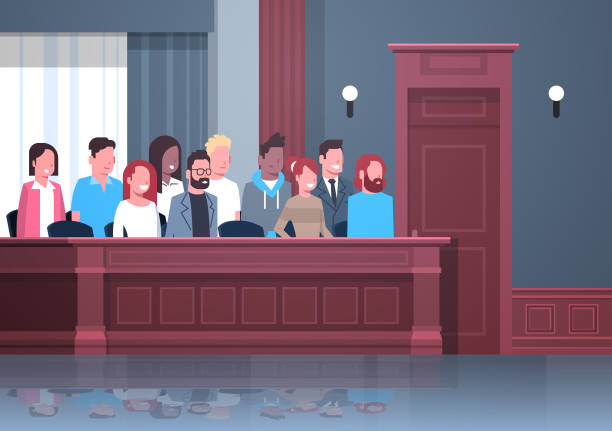 jury sitting in box court trial session mix race people in judging process modern courtroom interior portrait horizontal jury sitting in box court trial session mix race people in judging process modern courtroom interior portrait horizontal vector illustration juror stock illustrations