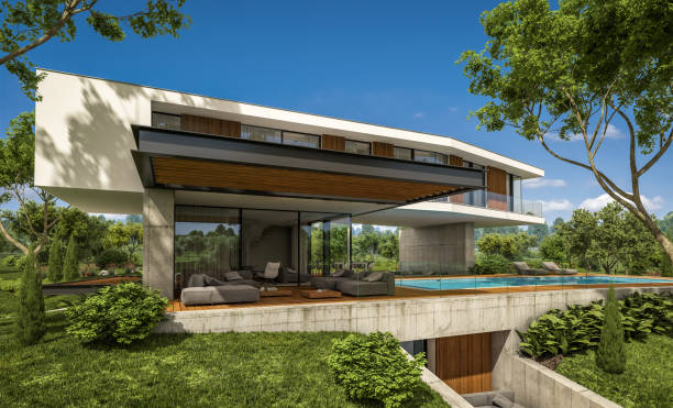 istock 3d rendering of modern house on the hill with pool 1135091574