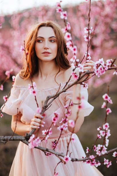 istock Beautiful young girl under the flowering pink tree 1135091936