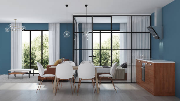 istock Modern house interior. Bedroom with glass partitions.  3D rendering. 1135093288