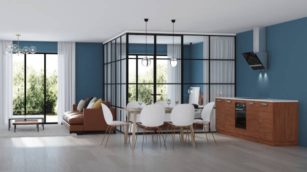 istock Modern house interior. Bedroom with glass partitions.  3D rendering. 1135093303