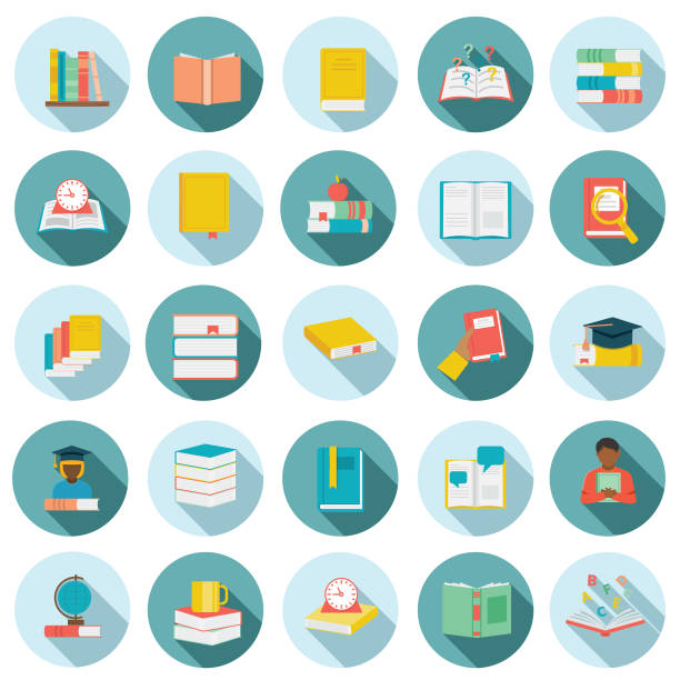 Flat Design Book Icon Set Set of Book icons in flat design style with long side shadow open letter icon stock illustrations
