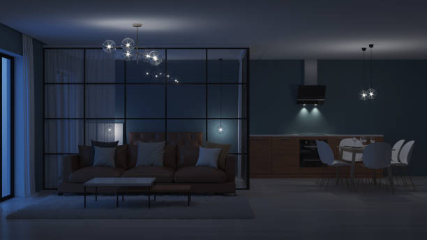 istock Modern house interior. Bedroom with glass partitions.  Night. Evening lighting. 3D rendering. 1135093395
