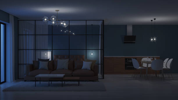 istock Modern house interior. Bedroom with glass partitions.  Night. Evening lighting. 3D rendering. 1135093396