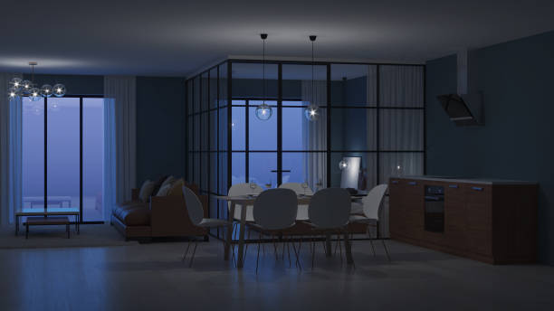 istock Modern house interior. Bedroom with glass partitions.  Night. Evening lighting. 3D rendering. 1135093538