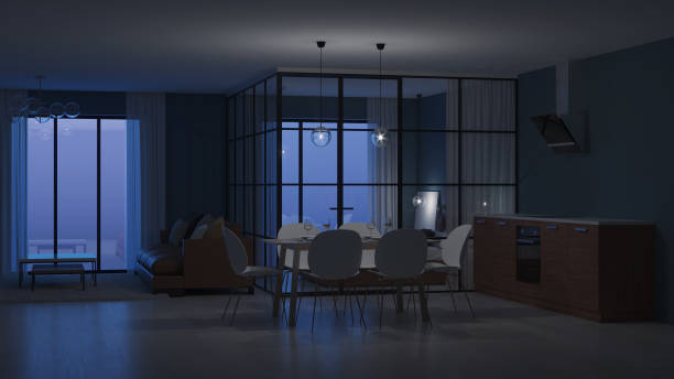 istock Modern house interior. Bedroom with glass partitions.  Night. Evening lighting. 3D rendering. 1135093558
