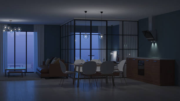 istock Modern house interior. Bedroom with glass partitions.  Night. Evening lighting. 3D rendering. 1135093561