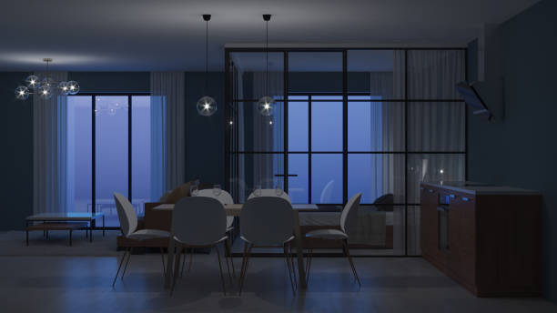 istock Modern house interior. Bedroom with glass partitions.  Night. Evening lighting. 3D rendering. 1135093562