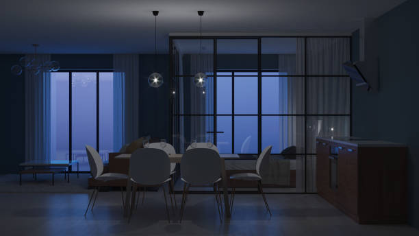 istock Modern house interior. Bedroom with glass partitions.  Night. Evening lighting. 3D rendering. 1135093576