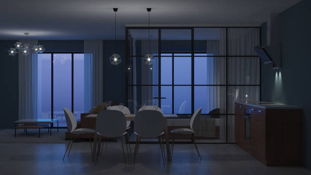 istock Modern house interior. Bedroom with glass partitions.  Night. Evening lighting. 3D rendering. 1135093577