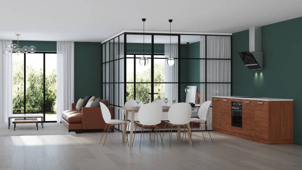 istock Modern house interior. Bedroom with glass partitions.  3D rendering. 1135094191