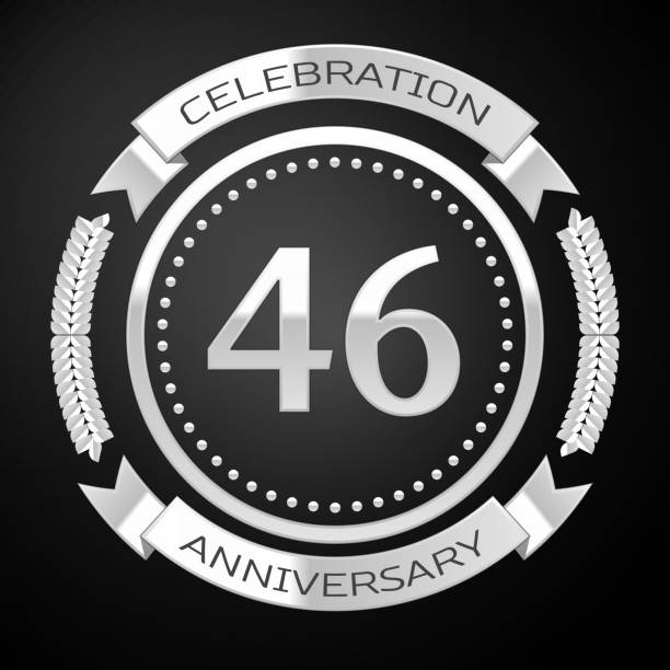 istock Forty six Years Anniversary Celebration Design. Silver ring and ribbon on black background. Colorful Vector template elements for your birthday party 1135094197