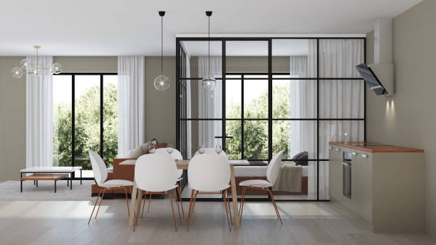 istock Modern house interior. Bedroom with glass partitions.  3D rendering. 1135095336
