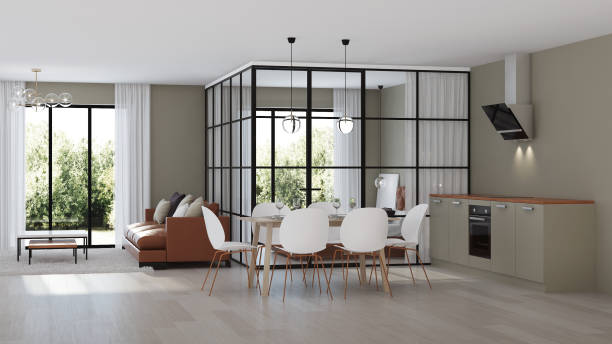 istock Modern house interior. Bedroom with glass partitions.  3D rendering. 1135095356