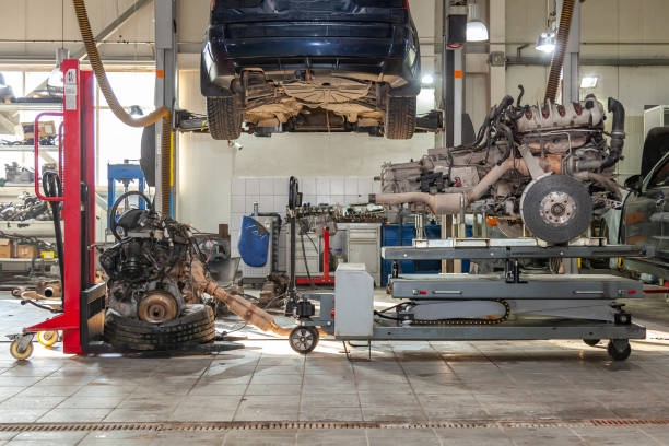 istock Replacement engine used on a table mounted for installation on a car after a breakdown and repair in a car repair workshop as a guarantee for the dealership 1135095855