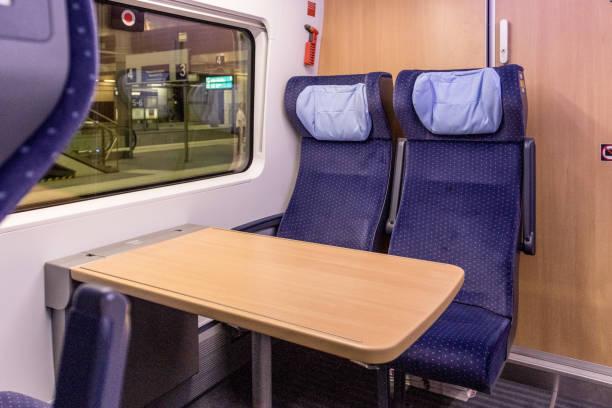 Berlin, Germany, September 14, 2016 - Seating group in the 2nd class area of an ICE 4 train of Deutsche Bahn.