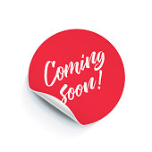Round sticker tag with peel fold corner. Vector Coming Soon poster, isolated pink red round adhesive note