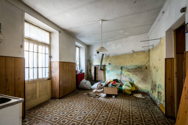 spooky abandoned house interiors - broken window concrete wall imagens e fotografias de stock