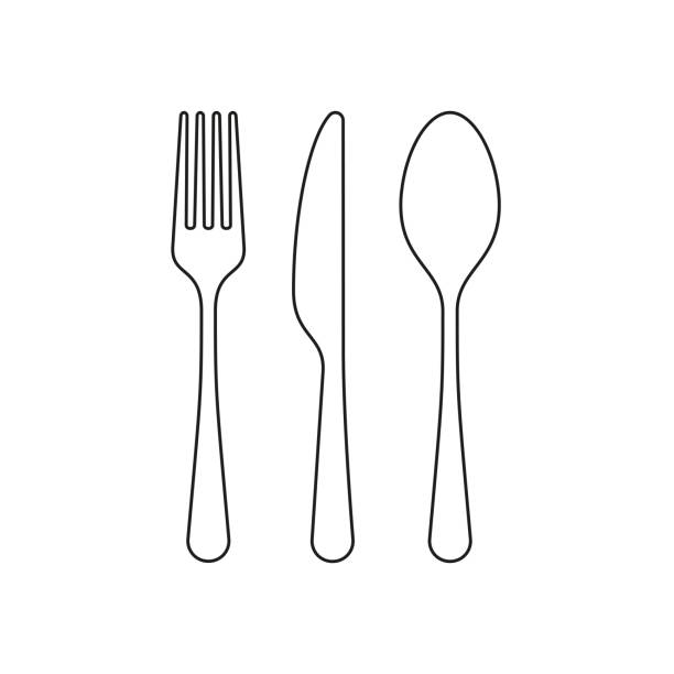 ilustraciones, imágenes clip art, dibujos animados e iconos de stock de cuchara de tenedor y el icono de la línea de cuchillo, contorno vector signo, pictograma de estilo lineal aislado en blanco. trazo editable - cuchillo