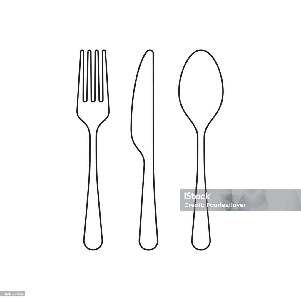 Cuillère de fourchette et icône de ligne de couteau, signe vectoriel de contour, pictogramme de style linéaire isolé sur le blanc. Tracé modifiable - clipart vectoriel de Fourchette libre de droits