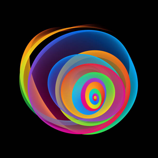 neon rainbow wave swirl circle ribbon black background colorful wavy spiral abstract snail clew - spectrum concentric three dimensional shape light imagens e fotografias de stock