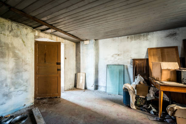 spooky abandoned house interiors - broken window concrete wall imagens e fotografias de stock